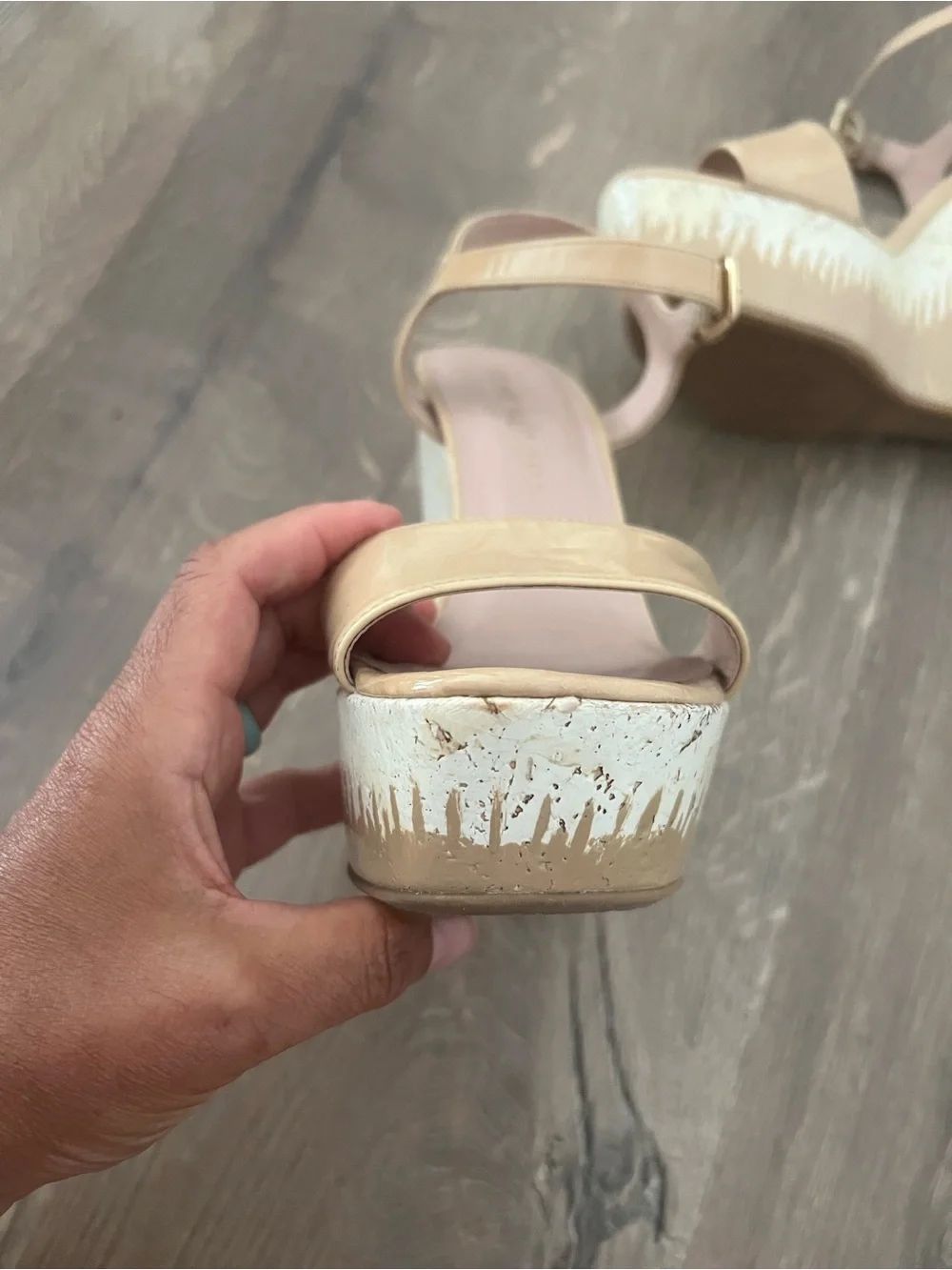 Stuart Weitzman Patent Tan Platform Wedge Sandals - Picture 11 of 13